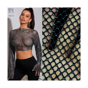 YX221 Wholesale 130gsm Polyester Net Mesh Glitter 3D Rhinestone Fabric - Polyester, Metallic, 130g, 152 CM, Mesh, Knitted...