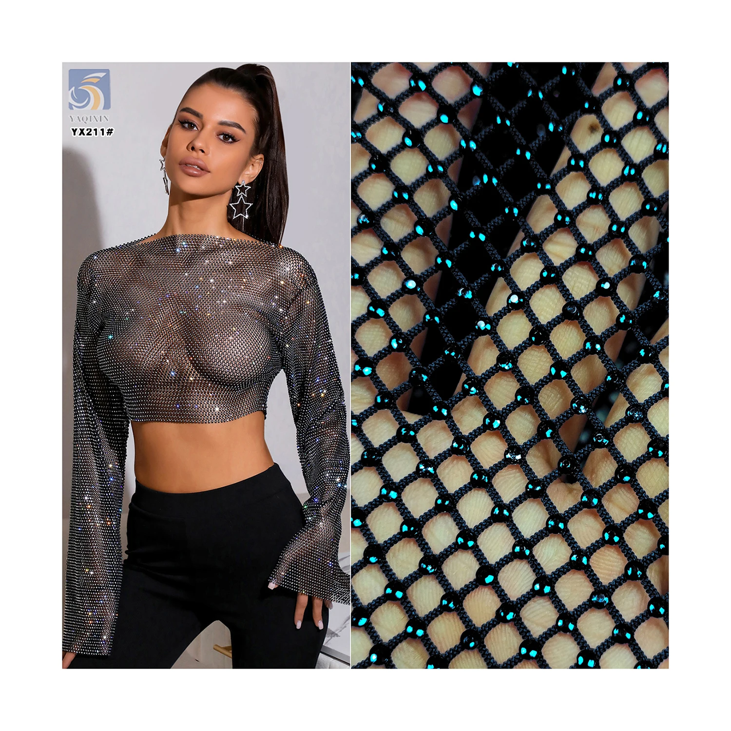 YX221 Wholesale 130gsm Polyester Net Mesh Glitter 3D Rhinestone Fabric - Polyester, Metallic, 130g, 152 CM, Mesh, Knitted...