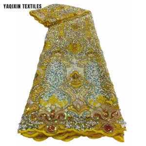 YX2213 Handmade Embroidered Classic Vintage Sequins Nigerian Lace Fabric for Traditional Apparel Dress - Polyester...