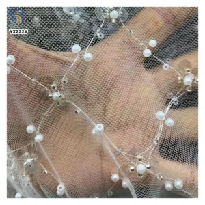 YX222 Customized Multi Color Sequin Bead Pearls Flower Embroidery Lace Fabric - Polyester, Metallic, 280 gsm, 140 CM, Lace...