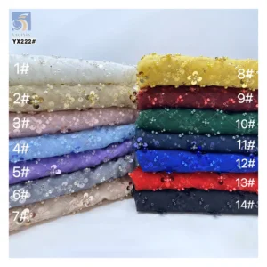 YX222 Customized Multi Color Sequin Bead Pearls Flower Embroidery Lace Fabric - Polyester, Metallic, 280 gsm, 140 CM, Lace...
