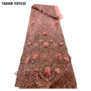 YX2256 High-End Luxury French Dress Lace Fabric Chiffon 3D Flower Pink Peach Glitter Sparkle Embroidered Tulle Lace Fabric...