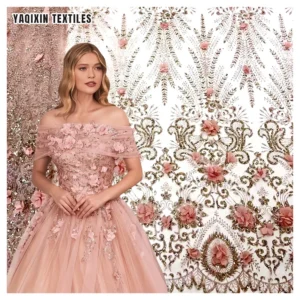 YX2256 High-End Luxury French Dress Lace Fabric Chiffon 3D Flower Pink Peach Glitter Sparkle Embroidered Tulle Lace Fabric...