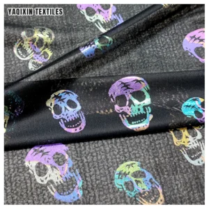 YX2259 Halloween Style Horror Skull Bone Pattern Colored Foil Printed Fabric Flash Glitter Tulle Mesh Knitted Polyester...