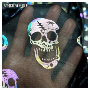 YX2259 Halloween Style Horror Skull Bone Pattern Colored Foil Printed Fabric Flash Glitter Tulle Mesh Knitted Polyester...