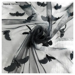 YX2265 New Black and White Tie-Dyed Polyester Mesh Tulle Fabric Embroidery Black 3D Bat Halloween 2025 Fabric Clothing...