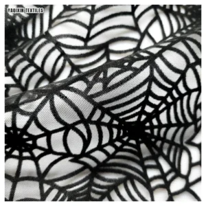 YX2274 Latest Dark Black Soft Polyester Spider Web Pattern Design Flocking Tulle Mesh Fabric for Halloween Hijab Headwear...