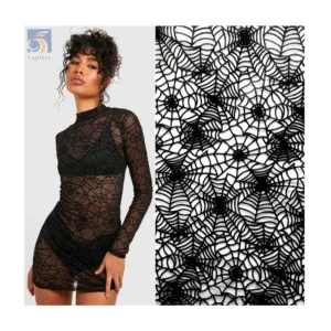 YX2274 Latest Dark Black Soft Polyester Spider Web Pattern Design Flocking Tulle Mesh Fabric for Halloween Hijab Headwear...