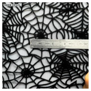 YX2274 Latest Dark Black Soft Polyester Spider Web Pattern Design Flocking Tulle Mesh Fabric for Halloween Hijab Headwear...