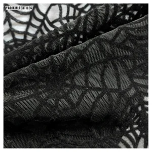 YX2274 Latest Dark Black Soft Polyester Spider Web Pattern Design Flocking Tulle Mesh Fabric for Halloween Hijab Headwear...