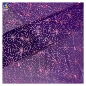 YX2282 Purple 4 Way Stretch Spandex Nylon Power Net Mesh Fabric Printed Glitter Spider Web Mesh Halloween Clothing Fabric...