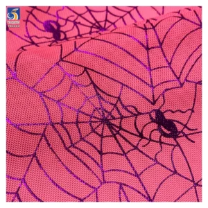 YX2282 Purple 4 Way Stretch Spandex Nylon Power Net Mesh Fabric Printed Glitter Spider Web Mesh Halloween Clothing Fabric...