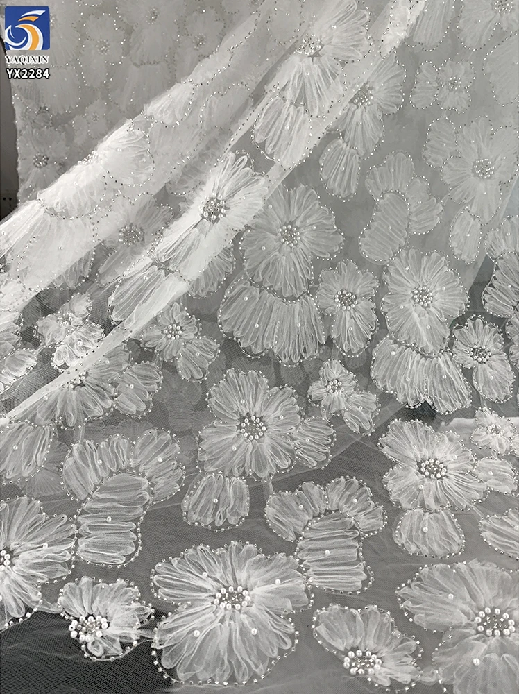 YX2284 Beautiful Mesh Flowers Embroidery Lace Fabric White Polyester Embroidery Tulle Pearl Sequins Mesh Fabric - 100%...