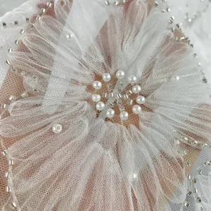 YX2284 Beautiful Mesh Flowers Embroidery Lace Fabric White Polyester Embroidery Tulle Pearl Sequins Mesh Fabric - 100%...