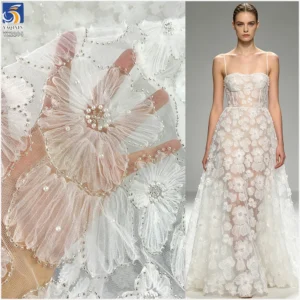 YX2284 Beautiful Mesh Flowers Embroidery Lace Fabric White Polyester Embroidery Tulle Pearl Sequins Mesh Fabric - 100%...