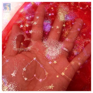 YX2350 Romantic Valentine's Day Design Polyester Print Fabric Meteor Love Design Printing Glitter Tulle Mesh Dress Fabric...