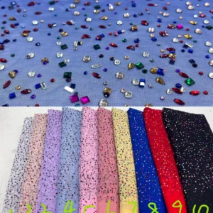 YX2366 Luxury Beaded Lace Fabric Crystal Rhinestone Mesh Fabric Tulle Embroidery Beaded Shiny Stones Lace Fabric...