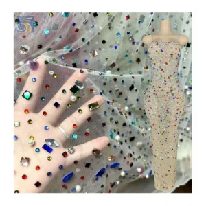YX2366 Luxury Beaded Lace Fabric Crystal Rhinestone Mesh Fabric Tulle Embroidery Beaded Shiny Stones Lace Fabric...