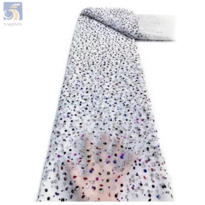 YX2366 Luxury Beaded Lace Fabric Crystal Rhinestone Mesh Fabric Tulle Embroidery Beaded Shiny Stones Lace Fabric...