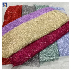 YX2379 Gold Beaded Sequin Mesh Embroidery Tulle Lace Fabric Polyester Floral Design 3mm Shiny Sequin Embroidery Fabric...