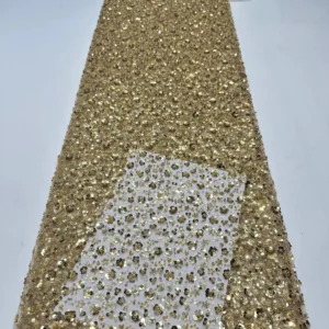 YX2379 Gold Beaded Sequin Mesh Embroidery Tulle Lace Fabric Polyester Floral Design 3mm Shiny Sequin Embroidery Fabric...