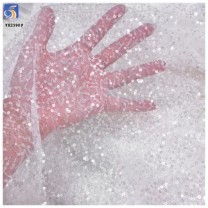 YX2390-1 Wholesale Transparent White Sequin Beads Tulle Fabric Wedding Dress Lace Fabric for Bridal Customization - 100%...