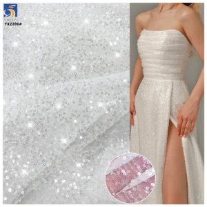 YX2390-1 Wholesale Transparent White Sequin Beads Tulle Fabric Wedding Dress Lace Fabric for Bridal Customization - 100%...
