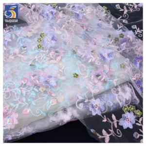 YX242 Multicolor Maple Leaf Custom 100% Polyester Tulle Floral Embroidered Net Fabric Wholesale - 100% Polyester, 100 gsm...