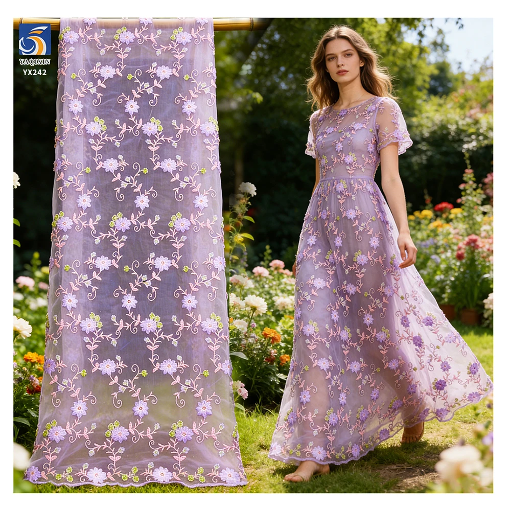 YX242 Multicolor Maple Leaf Custom 100% Polyester Tulle Floral Embroidered Net Fabric Wholesale - 100% Polyester, 100 gsm...