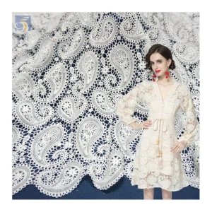 YX2435-1 2025 Best Selling Polyester Embroidered Water-Soluble Milk Lace Fabric Swiss Wedding Paisley Lace Fabric 15 Yards...