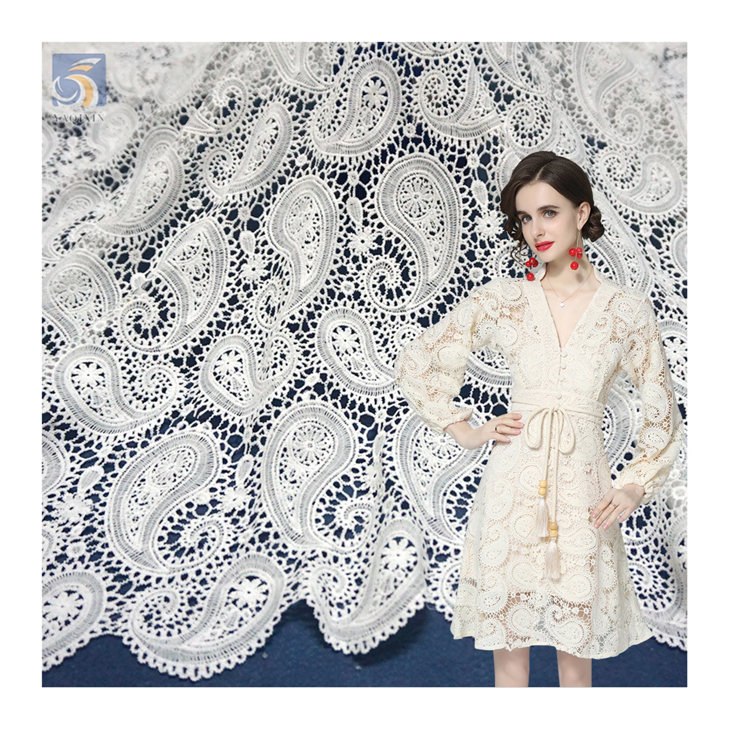 YX2435-1 2025 Best Selling Polyester Embroidered Water-Soluble Milk Lace Fabric Swiss Wedding Paisley Lace Fabric 15 Yards...