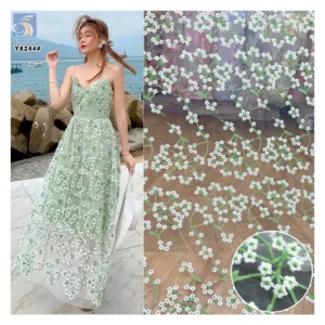 YX244 Golden Supplier French Green Floral Embroidery Lace Fabric Fresh Retro Style Tulle Lace Fabric for Girls' Dress - 100%...