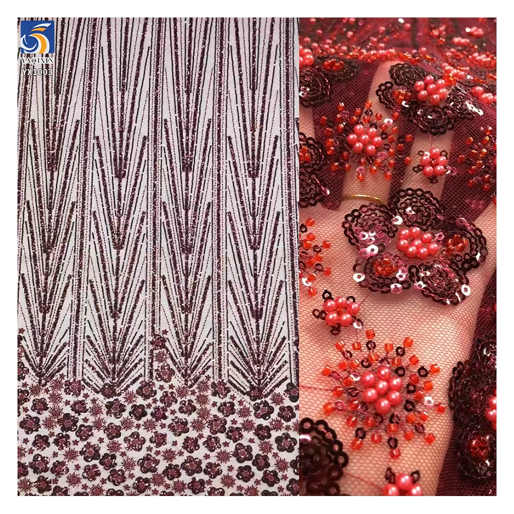 YX2494 Reasonable Price Indian African Wine Red Sequined Lace Fabric With Beads and Sequin Embroidery Lace Fabric Per Meter...