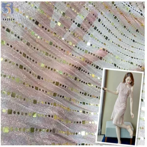 YX252 Luxurious New Design 100%Polyester Rib Knitted Glitter Lurex Fabric With Star and Moon Sequin Embroidery - 100%...