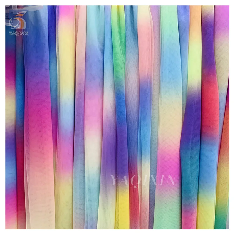 YX2533 Zhongda Market Custom Printed Rainbow Tulle Fabric Per Yards Gradient Polyester Nylon Mesh Rainbow Fabric Christmas...