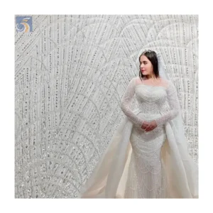 YX2574 White Embroidery Fabric Bridal Tulle Mesh Lace With Beads African Sequin Lace Fabrics for Dresses - Polyester...