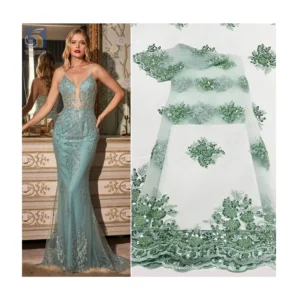 YX2582 OEM Mint Green African Laces Fabrics Sequins Beaded Embroidery Fabric for Women's Dresses and Weddings - 100%...