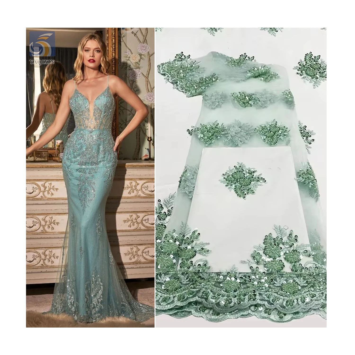 YX2582 OEM Mint Green African Laces Fabrics Sequins Beaded Embroidery Fabric for Women's Dresses and Weddings - 100%...