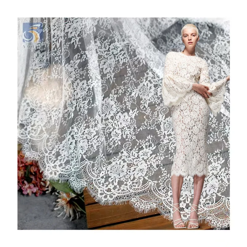 YX2642 Chinese OEM Wholesale Price White Lace Fabric Embroidery by the Pieces 1.5M*3M Eyelash Lace Fabric Textile - 100%...