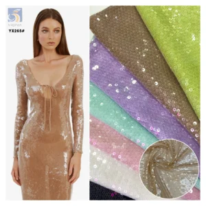 YX265 Factory 300gsm Polyester European Wedding Dress Gown 5mm Sheer Crystal Sequin Embroidery Fabric - Polyester, Metallic...