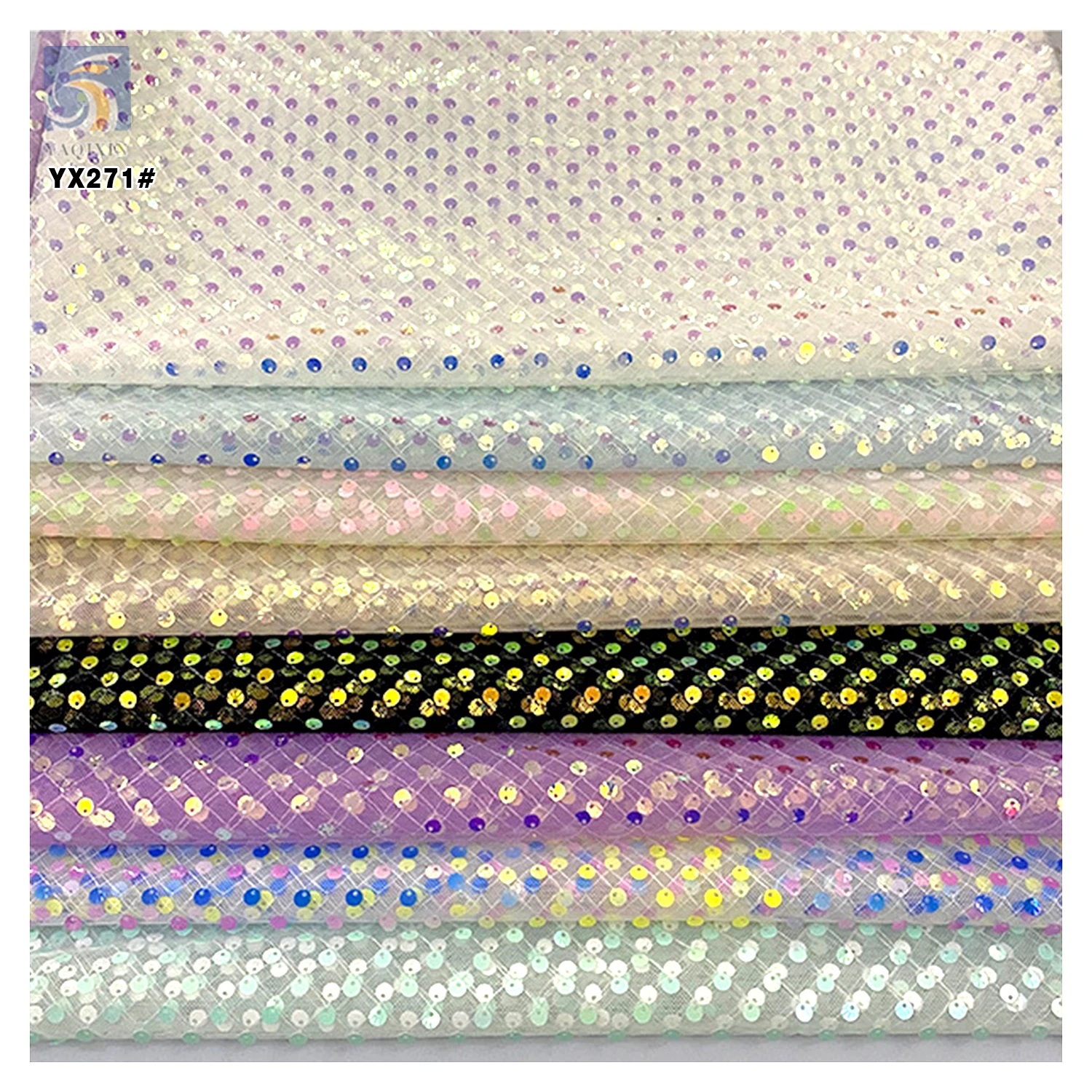 YX271 European and American Style Fashion Dress Fabric 120gsm Multicolor Gradient 5mm Sequin Mesh Lace Fabric - 100%...