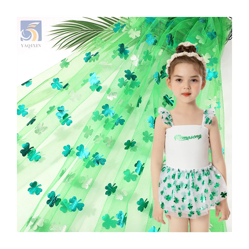 YX2713 Lucky Custom Polyester Green Clover Printed Tulle Fabric St. Patrick's Day Holiday Print Mesh Fabric - 100%...