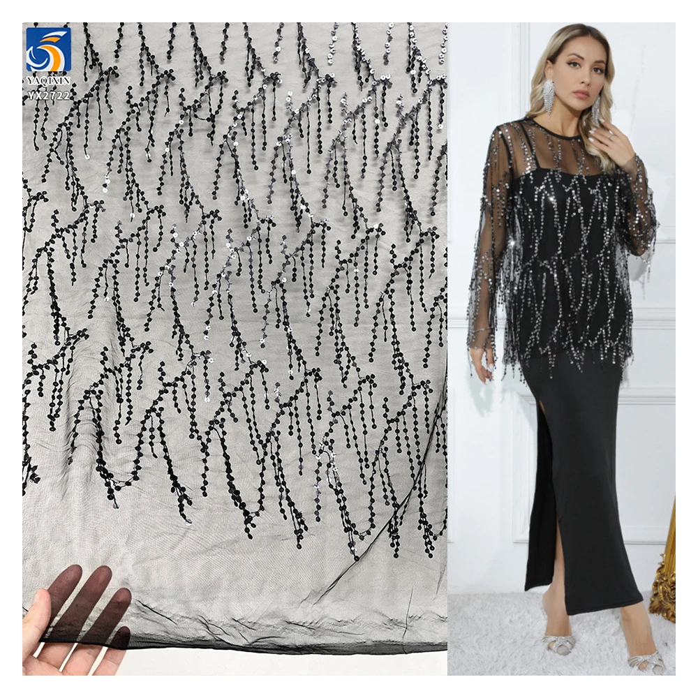 YX2722 Guangzhou Wholesale 7mm Tassel Sequin Embroidery Mesh Lace Fabric for Belly Dance Skirt - 100% Polyester, 级, 152 CM...