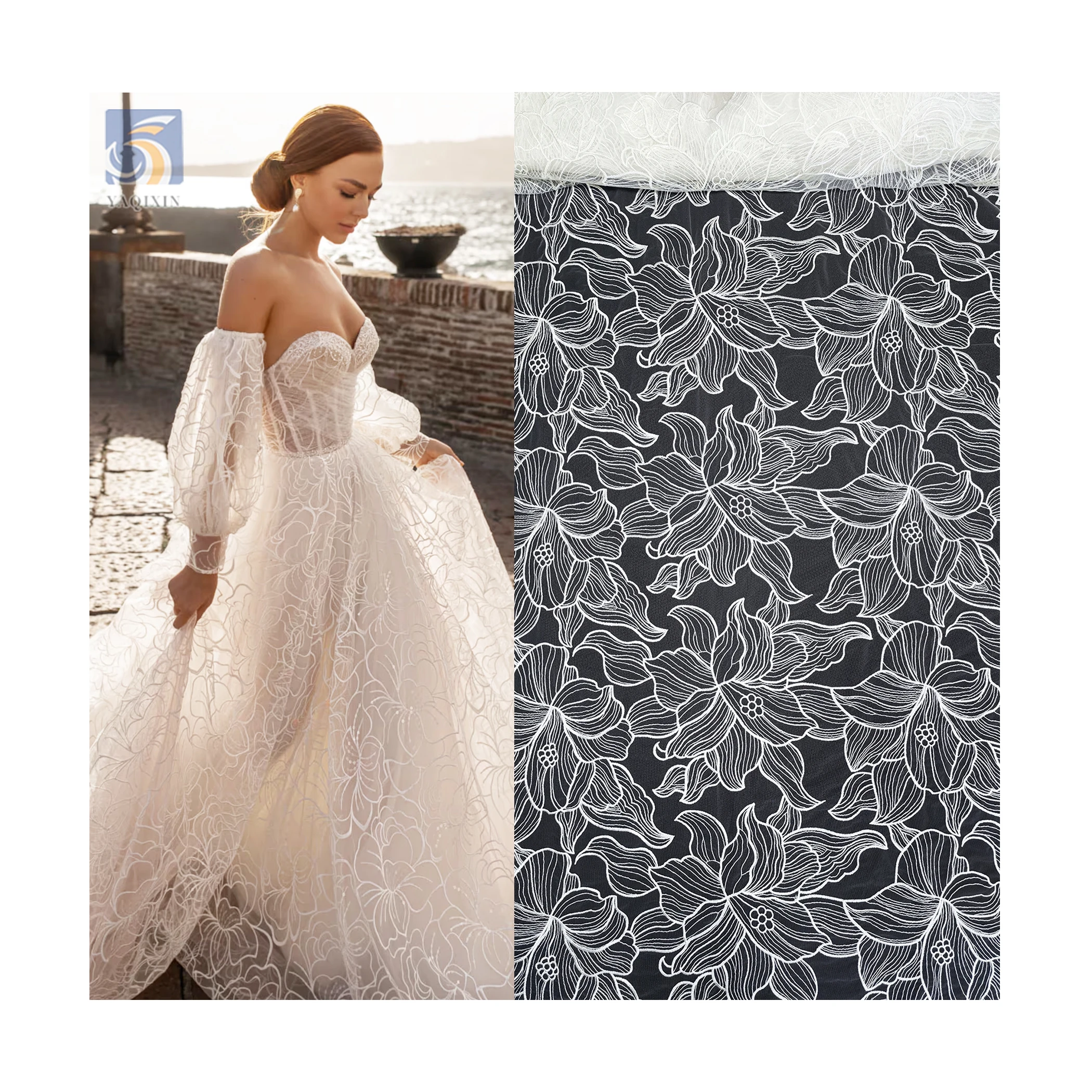 YX2736 Full Custom Lotus Pattern Design 2025 Pure White 100 Polyester Milk Silk Embroidery Mesh Tulle Fabric - 100%...