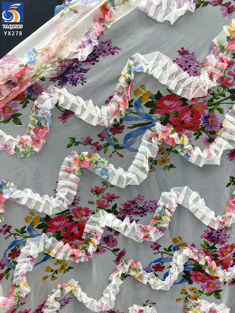 YX278 New Design China 100% Polyester Colorful Digital Printed Mesh Embroidery Pleated Ruffle Tulle Fabric for Tutu - 100%...