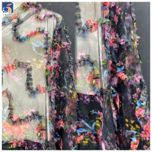 YX278 New Design China 100% Polyester Colorful Digital Printed Mesh Embroidery Pleated Ruffle Tulle Fabric for Tutu - 100%...