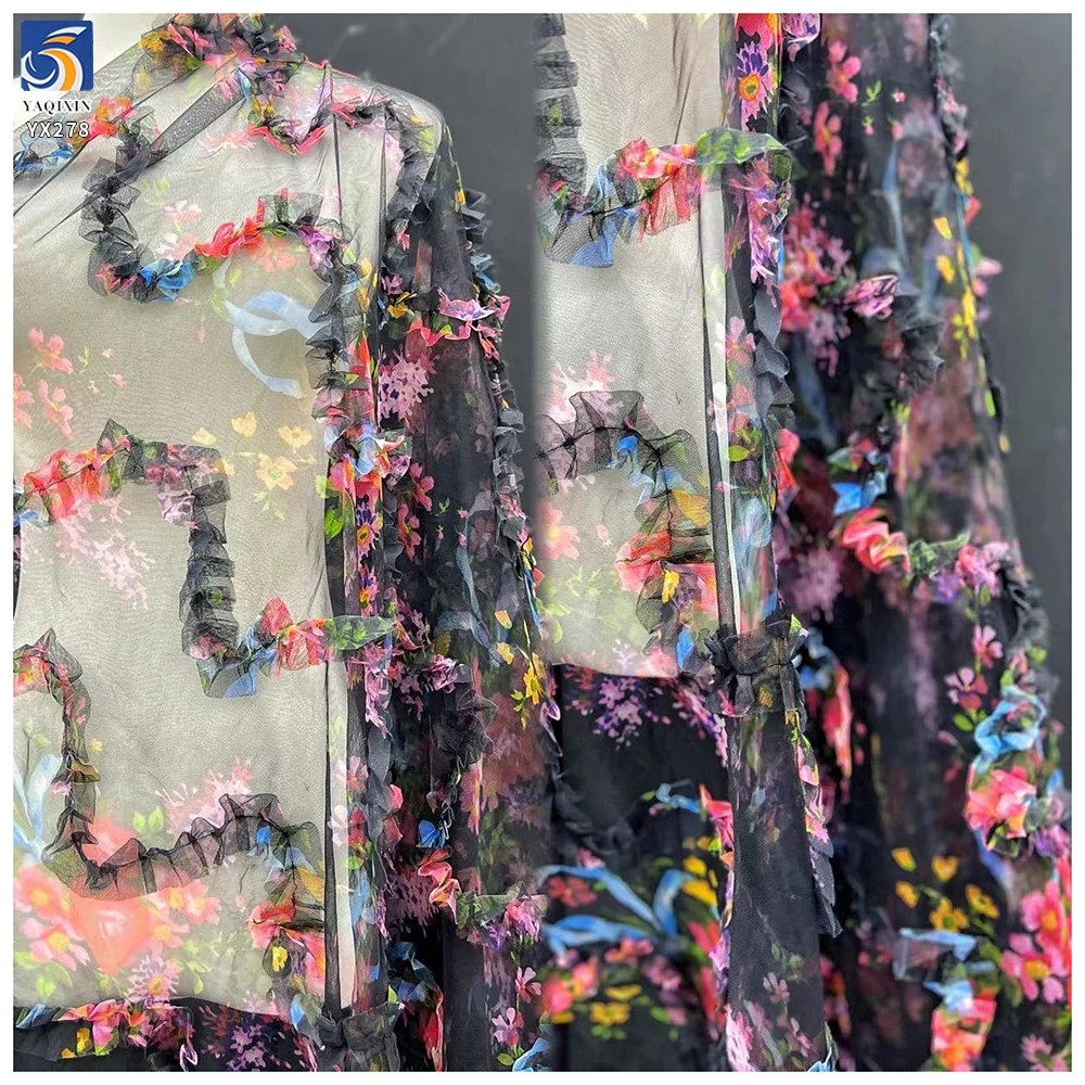 YX278 New Design China 100% Polyester Colorful Digital Printed Mesh Embroidery Pleated Ruffle Tulle Fabric for Tutu - 100%...