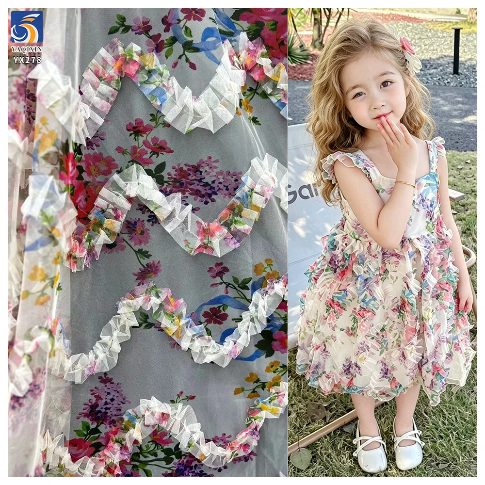 YX278 New Design China 100% Polyester Colorful Digital Printed Mesh Embroidery Pleated Ruffle Tulle Fabric for Tutu - 100%...