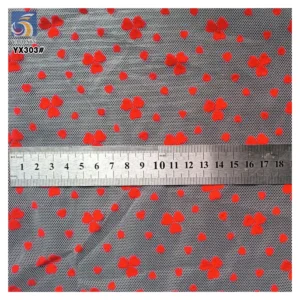 YX303 Ins Hot Style Tulle Fabric Nylon Mesh Flocking Red Love Heart Red Wool Flocked Tulle Fabric for Underwear - 100%...