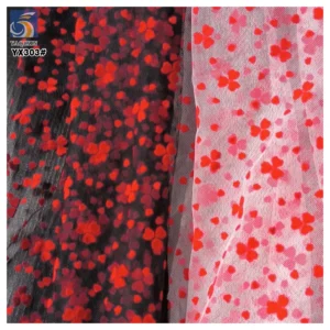 YX303 Ins Hot Style Tulle Fabric Nylon Mesh Flocking Red Love Heart Red Wool Flocked Tulle Fabric for Underwear - 100%...